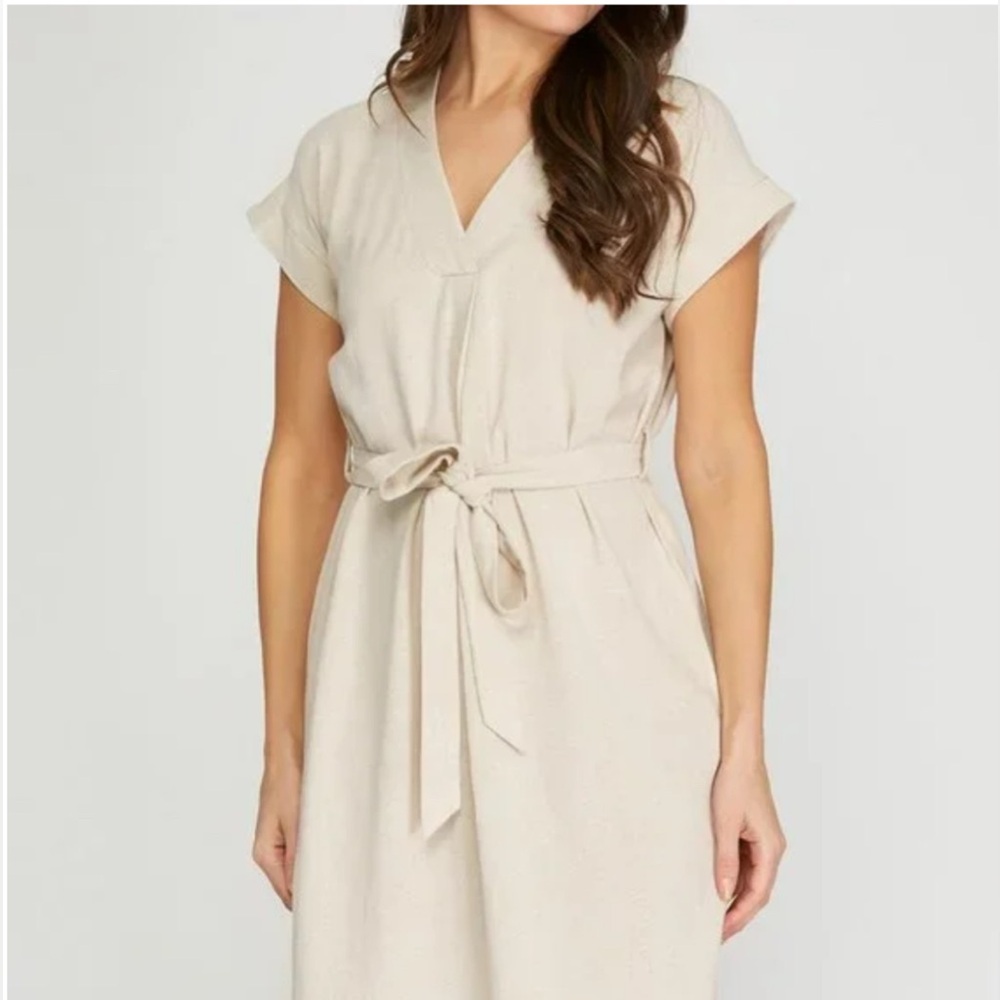 fabrik Cream Linen Blend Belted Side Split Beach Dress